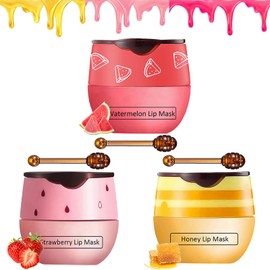 TIRDET 3PCS Bee Lip Balm Honey Pot, Exfoliating Honey Strawberry Watermelon Bee Lip Balm Sleeping Lip Mask Overnight with Sticks, Honey Pot Lip Balm Prevention Dry Hydrating and Crack Lip Scrubs