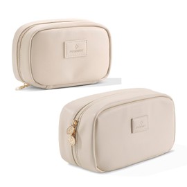 Pocmimut Makeup Bag,2Pack Open Flat Small Makeup Bag with Large Makeup Bag Birthday Christmas Gifts for Mom and Lover,Beige