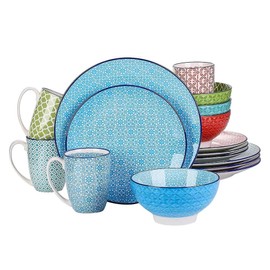 16 Piece Charm Porcelain Ceramic Dinnerware Set, Service for 4 Microwave Dishwasher Safe Abstract Pattern Macaron Theme Green Aqua Blue Dinnerware Set, Round Dinner, Dessert Plates, Bowls and Cups Set