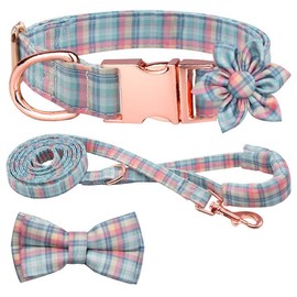 Hilkycton Plaid Dog Collar Leash Set with Bow Tie Adjustable Cute Puppy Collar with Durable Metal Buckle Girls Boys Dog Collar for Small Medium Large Dogs Blue Red-M