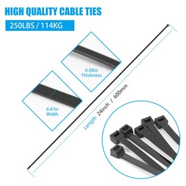 24 inch Black Zip Ties Heavy Duty 300 PCS, 250 LBS Ultra Exclusive Strong Plastic Wire Ties, Large Cable Ties Extra Long Tie Wraps, Indoor and Outdoor UV Resistant