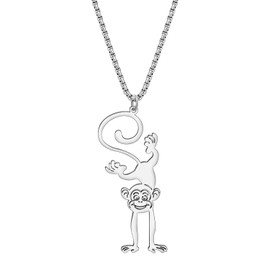 OUSIO Stainless Steel 18K Gold Silver Plated Adorable Monkey Necklace Pendant Jungle Animals Jewellry Charms Birthday Fun Gifts For Women (Silver Plated)