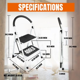 Jack Boss 2 Step Ladder, Folding Lightweight Step Stool with Wide Anti-Slip Pedal for Home, Office, Kitchen and Garage, 400 lbs Capacity