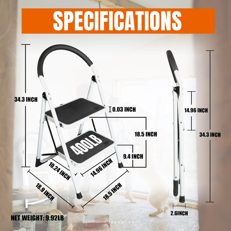 Jack Boss 2 Step Ladder, Folding Lightweight Step Stool with