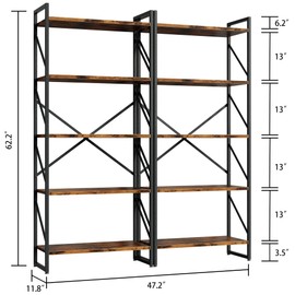 Shintenchi 5 Tiers Bookshelf, Classically Tall Bookcase Shelf, Industrial Book Rack, Modern Book Holder in Bedroom/Living Room/Home/Office, Storage Rack Shelves for Books/Movies-Rustic Brown