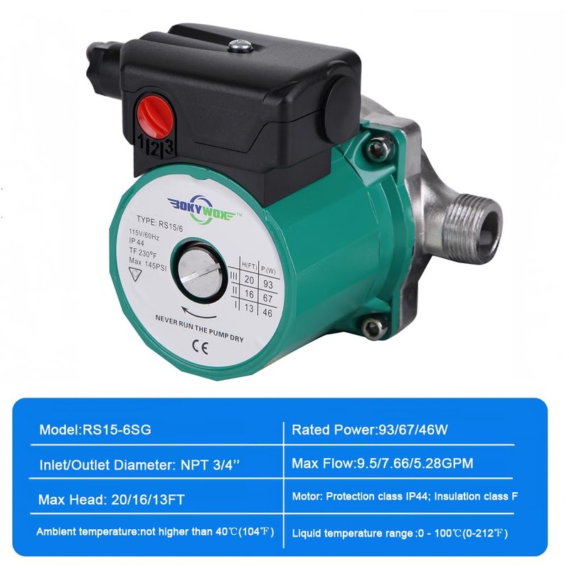BOKYWOX 110-120V 3/4'',3-Speed Food Grade Domestic Circulation Pump Hot Water