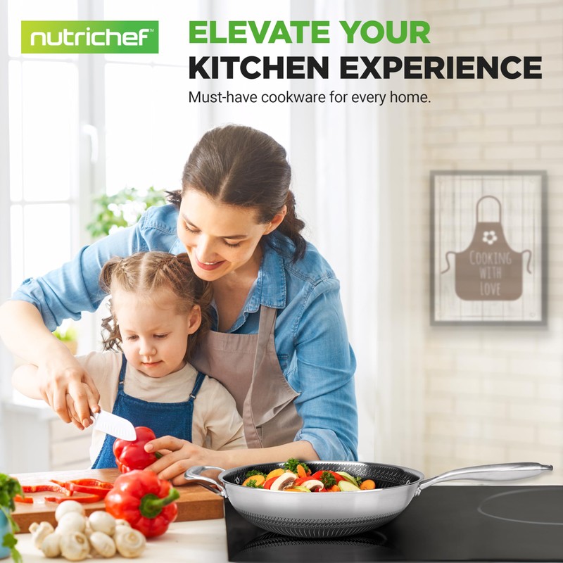 NutriChef 12" Stainless Steel Wok - Induction ready, Non Stick