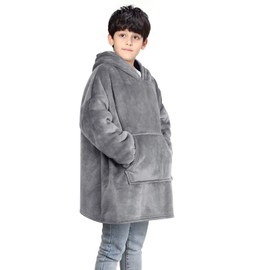 Lostrain Blanket Hoodie for Kids, Oversized Oodie Sherpa Wearable Super Soft Warm Cozy with Giant Hoody Plush Fleece Big Pocket Fit for Girls Boys Teens Teenagers One Size Indoor Outdoor-Grey