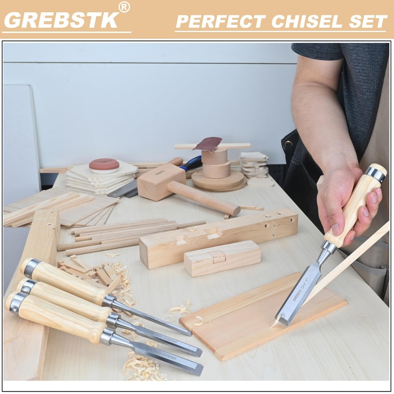 GREBSTK 11in Wood Chisel Set for Woodworking, 4pcs Chrome Vanadium
