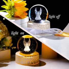 60mm 3D Angel Figurine Crystal Ball Paperweight with Warm Light Stand, Guardian Angel Memorial Gifts for Women Men, Angel Sympathy Collectible Centrepiece Ornament
