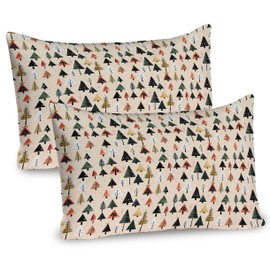 Ambesonne Christmas Pillow Sham Set of 2, Modern Abstract Pine Trees Xmas Theme Dotted Background Print, Quality Microfiber Bedding Item for All Seasons, 36" x 20", Beige Forest Green and Coral
