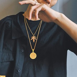 U7 Tetragrammaton Pentacle Necklace 18K Gold Plated Stainless Steel Occult Medal Pendant Wicca Jewelry for Men and Women, Box Chain 22 Inch