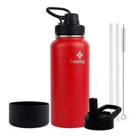 honogo 32 oz Powder Coated Double Wall Vacuum Insulated Sports Water Bottle, 18/8 Stainless Steel Wide Mouth Thermal Flask with Straw Lid & Spout Lid, Leak Proof, Sweat Free, BPA Free (Red, 32 oz)