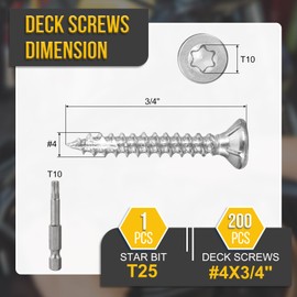 DTGN #4x3/4 Deck Screws - 200Pack - Good for Decks, Fences, Frames, Farms, Outdoor Furniture - Carbon Steel Wood Screws W/ T10 Torx Star Drive Bit - Silver