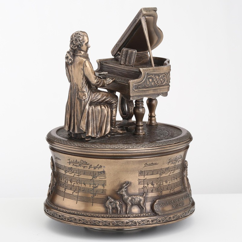 Bronzed Mozart Playing Piano Spinning Music Box