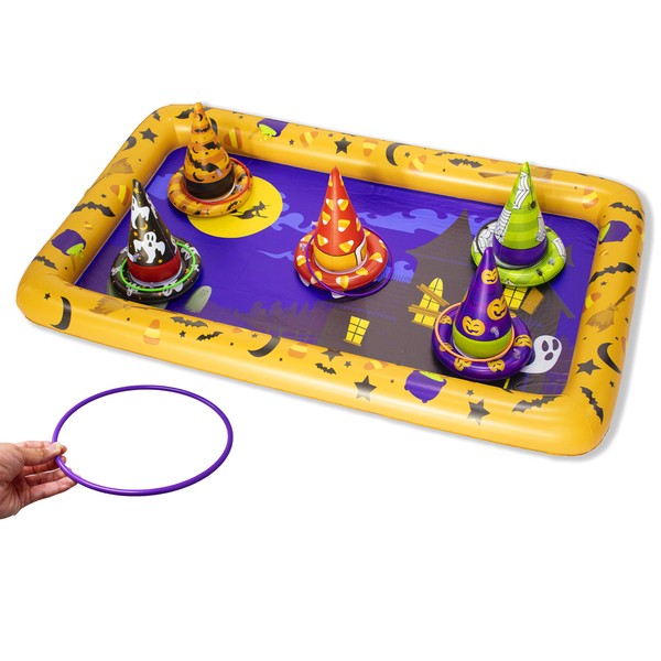 JOYIN Halloween Toss Games Set, Witch Hat Ring Toss Game for Halloween Party Favor Include 1 Inflatable Game Board, 5 Inflatable Witch Hats, and 5 Colors Rings