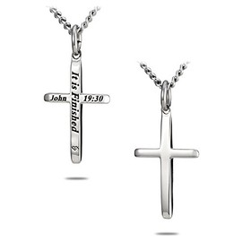 Shields of Strength Stainless Steel Women’s Mini Tapered Cross Necklace Inscribed with John 19:30 Bible Verse Young Girls Christian Jewelry Gifts