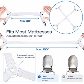 Premium Sheet Straps, Adjustable Crisscross Fitted Sheet Clips (2, White)