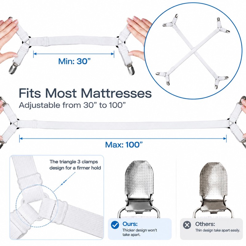 Premium Sheet Straps, Adjustable Crisscross Fitted Sheet Clips (2, White)