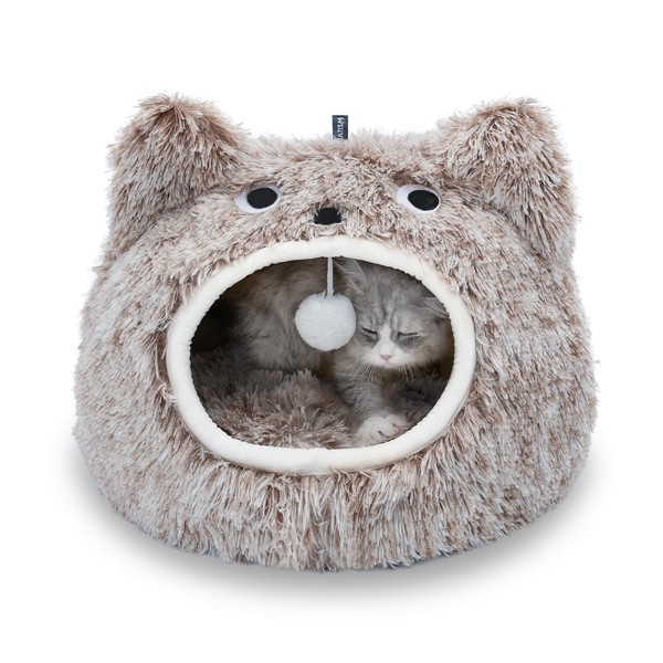 CATISM Cat Bed Cute Cat Bed Cave, Soft Plush Cat Cave, Cozy for Indoor Cats or Small Dog Bed, Washable Cet Bed with Cat Cushion, Coffee (20 * 20 * 16 Inches)