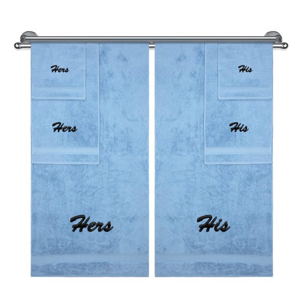Hers and His Monogrammed Towel, Couple's Gift, Bathroom Sets, Anniversary, Wedding, Engagement Gifts for Couples, 100% Cotton 6 Piece Towel Set, 2 Bath & 2 Hand Towels, 2 Washcloths, Blue