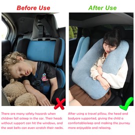 MissSoul Kids Travel Pillow for Car Seat with Hand Muff, Cartoon Neck & Headrest Seat Belt Pillow for Car Road Trips Long-Distance Travel Sleeping Pillow for Adults and Children, Dark Gray