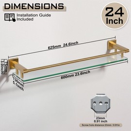 SFGSOWOR Glass Shelf for Bathroom 24 inch Rectangular Stainless Steel Wall Sheves Tempered Glass Modern Stainless Steel Wall Mount Accessories Organizers Storage (Brushed Gold)