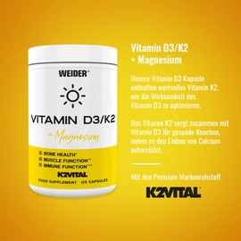 WEIDER Vitamin D3/K2 Capsules High Dose Plus Magnesium, with High-Quality K2Vital MK-7 Vitamin K2, for Bone Health, Healthy Teeth and a Strong Immune System, 120 Capsules