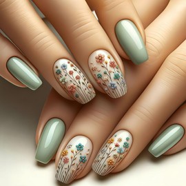 MIXFOSAHN Flower Press on Nails Short Square Fake Nails Green False Nails with Artistic Floral Designs Glossy Full Cover Stick on Nails Glue on Nails Flower Nails Acrylic Nails for Women Girls 24 Pcs