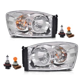 G-PLUS Headlights Assembly w/Bulbs,Fit For Dodge Ram 1500 2006-2008/Ram 2500 3500 2006-2009 Headlamps, Driver & Passenger Side 68003125AD 68003124AD Clear Lens Chrome Housing Clear Reflector