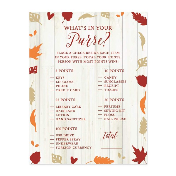 Andaz Press Fallin' in Love Autumn Fall Leaves Wedding Party Collection, What's in Your Purse? Bridal Shower Game Cards, 20-Pack