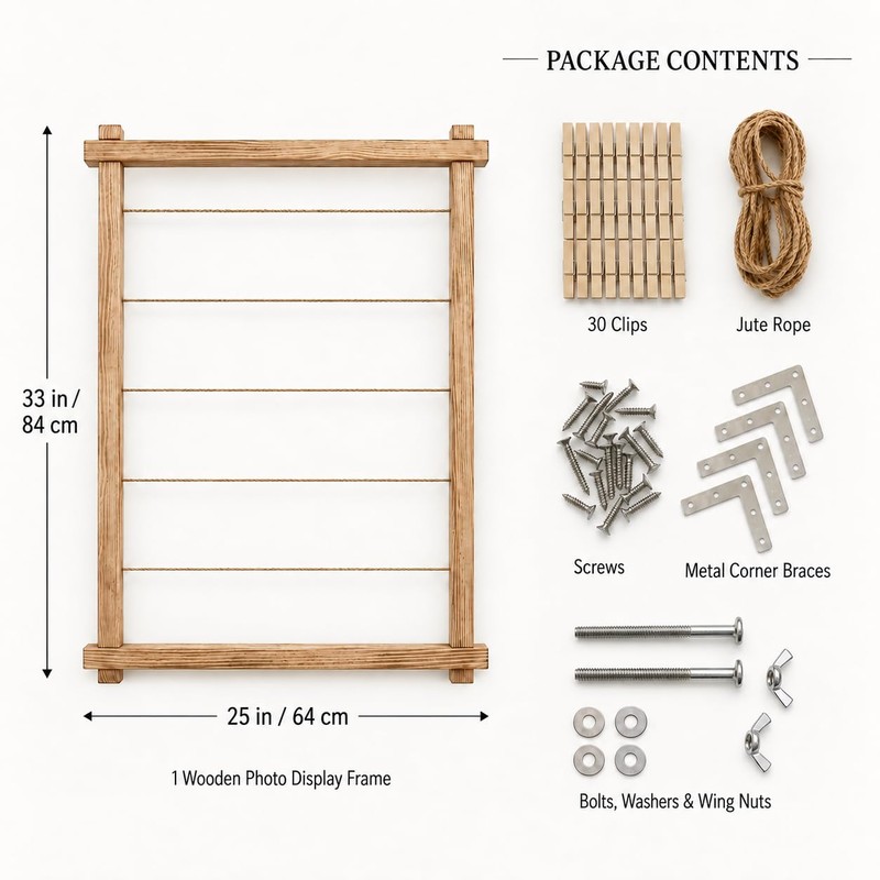 Wooden Photo Display Board with 30 Clips, 25 x 33