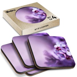 4 x Square Coasters - Pretty Purple Lilac Flowers Flower Cork Backed MDF Glossy Tea Coffee Accessory #53185