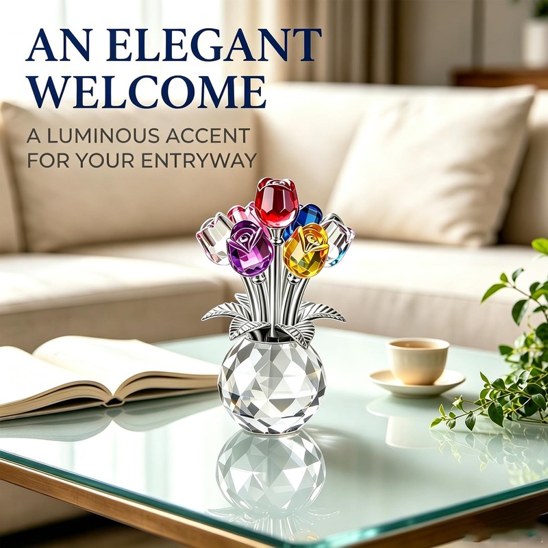 YcsRnn Crystal Flower Ornament, 3D Multicolor Glass Flowers with Base