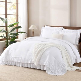 Andency White California King Comforter Set, 3 Pieces Lightweight Fluffy Farmhouse Shabby Chic Bedding Comforter Sets, Soft Microfiber All Season Cal King Bed Sets(104x96Inch)