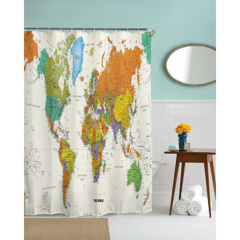 goodbath World Map Shower Curtain, Waterproof Anti Mould Polyester Bathroom