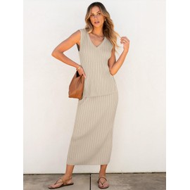 ANRABESS Women's 2 Piece Outfits Summer Sweater Skirt Sets Casual Sleeveless V Neck Ribbed Vest Knit Tops Midi Dress Large Khaki