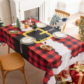 MACOFE Buffalo Plaid Christmas Tablecloth Rectangle 55x70 Inch, Red & Black Holiday Checkered Design with Festive Accents, Water-Resistant and Washable Fabric, Ideal for Party & Seasonal Decor