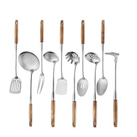 10 Pcs Cooking Utensils Set 304 Stainlss Steel Kitchen Utensils Set Heat Resistant Wooden Handle Kitchen Tools Metal Kitchen Utensil Soup Ladle Set, Dishwasher Safe
