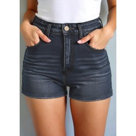 HOCAIES Women's Mid-Waist Stretch Denim Shorts Straight Leg Hemming Casual Summer Mom Shorts (12, 15 Retro Dark)