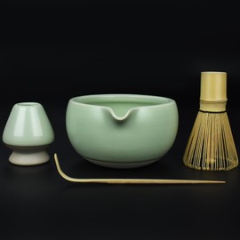 Artcome 4 Pcs Complete Matcha Tea Ceremony Kit for Japanese Tea Ceremony, Bowl with Pouring Spout, Whisk, Whisk Holder, Tea Scoop, Matcha Tea Set For Making Usucha, Koicha and Matcha Latte (Green)