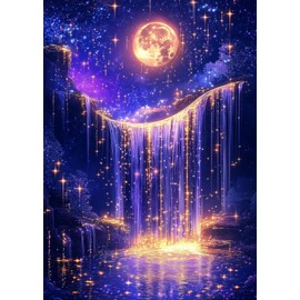 KINPLUB Moonlight Waterfall Diamond Art Kits for Adults Beginners, Moon 5D Diamond Painting Kits for Adults, DIY Full Drill Round Landscape Diamond Dots, Home Wall Decor 12x16 Inch