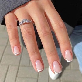 Short Square Press on Nails 24Pcs False Fake Nails Simple Nude White Thick Glossy Acrylic French Nails for Women W397