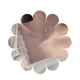 Aneneiceera Boho Layered Crystal Star Moon Choker Necklace Chain Silver Crescent Moon Octagram Star Pendant Necklace Star Choker Stacked Necklace Jewellery for Women and Girls (Style A), Metal