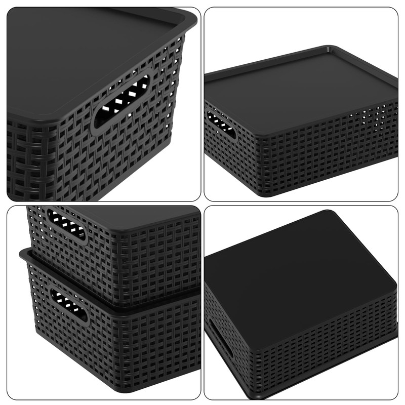Xowine 6 Packs Plastic Woven Storage Basket with Lids, Lidded