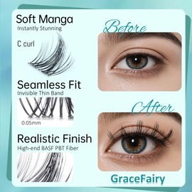 MSCICI GraceFairy.03 Lash Clusters 8-16mm Lite Manga Eyelash Clusters C Curl - Wide Invisible Lash Band DlY Natural Manga Look Spiky Anime Individual Lashes Clusters Without Glue Tweezers