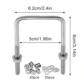 AUSYIWI Pack Of 10 U-bolts M6 Bolts U U-bolts 80 x 50 CM, Square U-bolt Stainless Steel, Bracket Bolts With Nuts Frame Plate Round Washers, U Bracket With Thread
