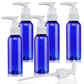5 Pack Travel Bottles Pump Bottles Dispenser 3.4oz/100ml Plastic Lotion Pump Bottle Clear Travel Toiletry Bottles with Extra 1 Pump Leak Proof for Makeup Cosmetic Containers (Blue)