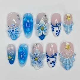 GRITOSE 30 Uas Postizas Hechas A Mano, Estilo Almendra, Punta Francesa 3D, Diseo De Flores, Conchas Y Estrellas De Mar, Reutilizables, Acrlicas, De Cobertura Completa, Para Verano, Para Mujer.