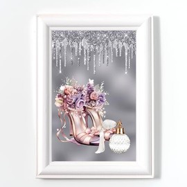 Glam Shoes Print, Floral Shoe Bedroom Wall Art, No Frame, Digital Glitter,Pink Silver Grey Office Picture A4